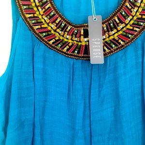 NWT Spense Blue Tribal beaded Neckline Top